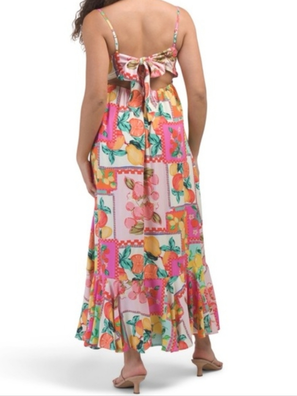 PAPER HEART VIRAL FRUIT PRINT PATCHWORK TIE BACK MAXI DRESS - Picture 3 of 6